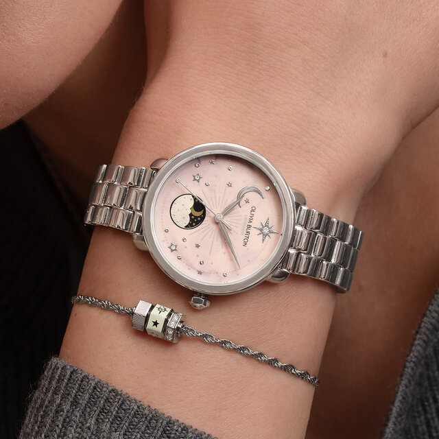34mm Moon Phase Pink & Silver Bracelet Watch