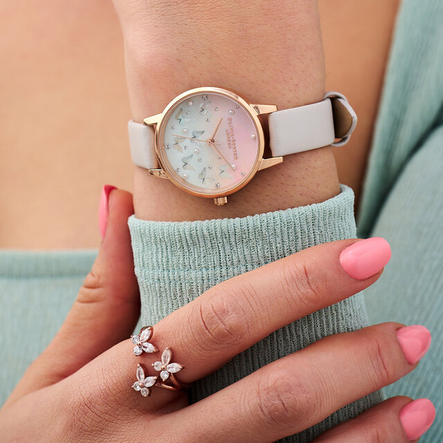 Montre Sparkle Butterfly à cadran Midi blanc poudré et nacre bleue or rose