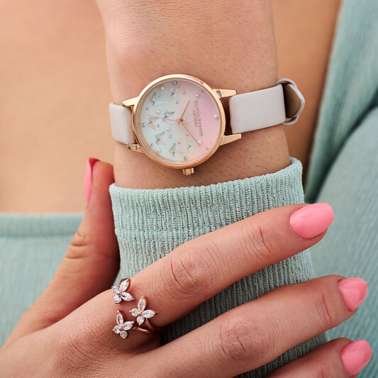 Sparkle Butterfly 30mm Rose Gold & Blush Leather Strap Watch
