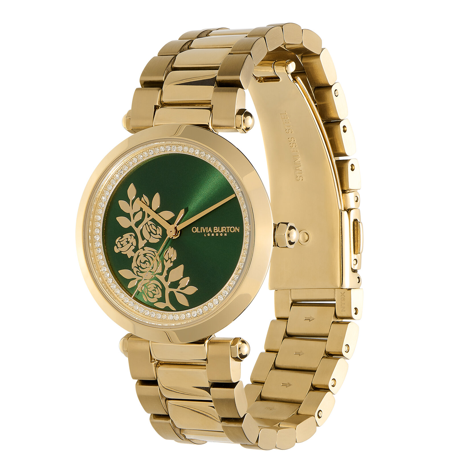 34mm Floral T-Bar Green & Gold Bracelet Watch