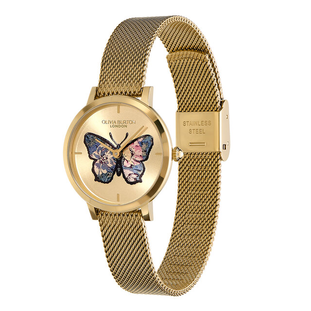 Montre Papillon Ultra Fine avec Bracelet en Maille Or 28 mm