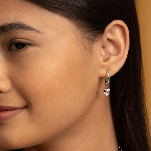 Locked Heart Silver Tone Hoop Earrings