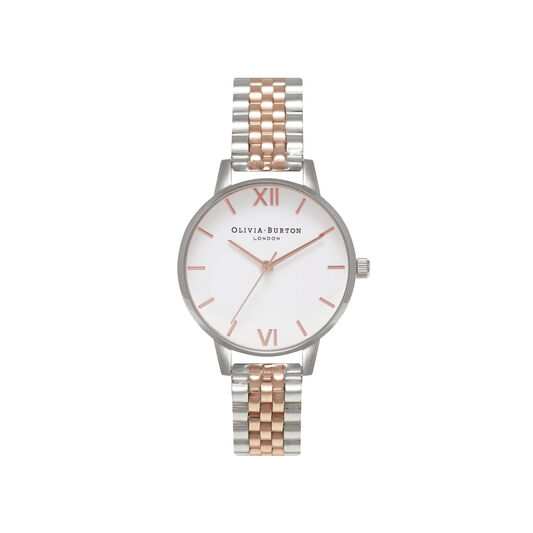 Ladies Midi Dial White Dial Rose Gold Silver Bracelet Watch Olivia Burton London