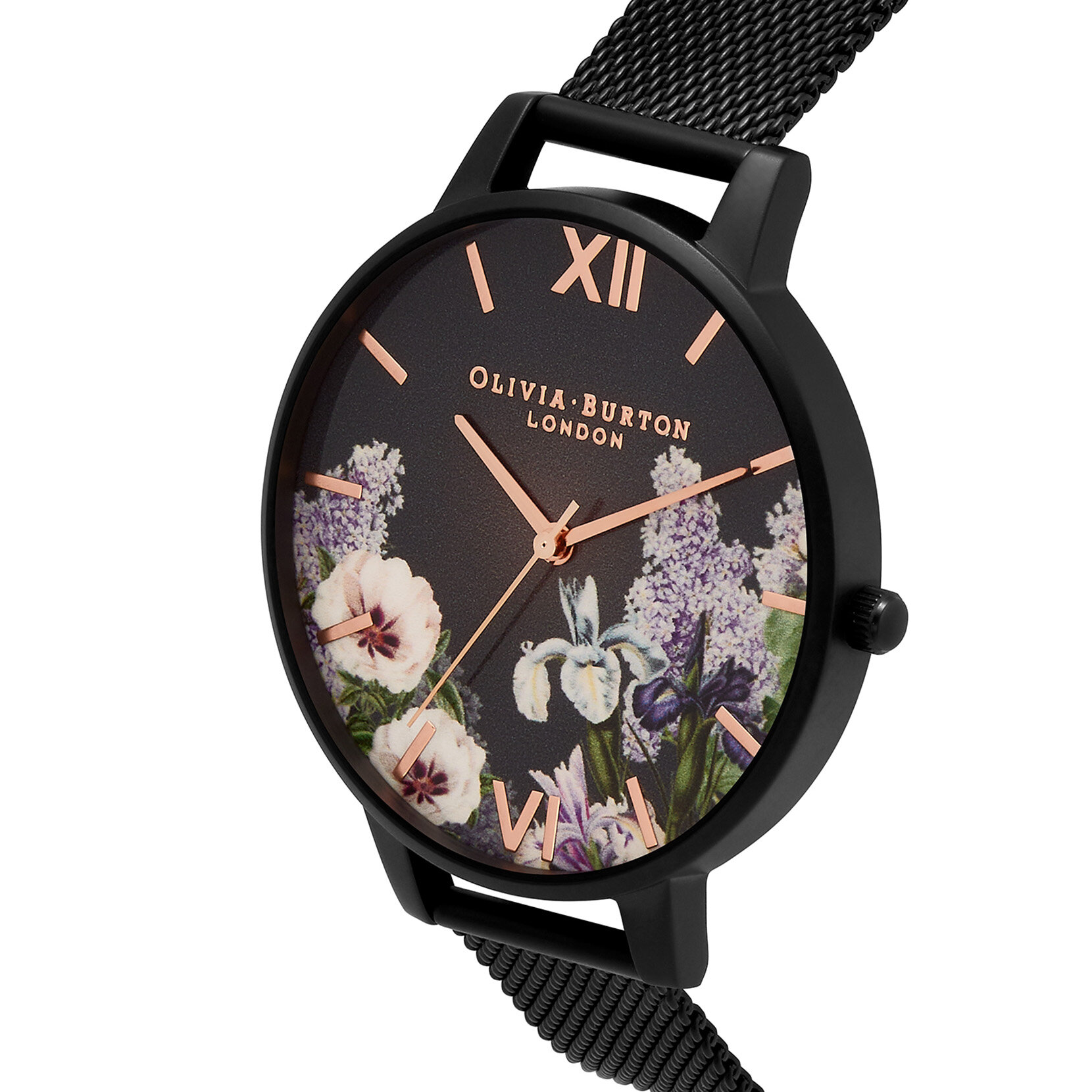 Montre Secret Garden à grand cadran et bracelet milanais noir