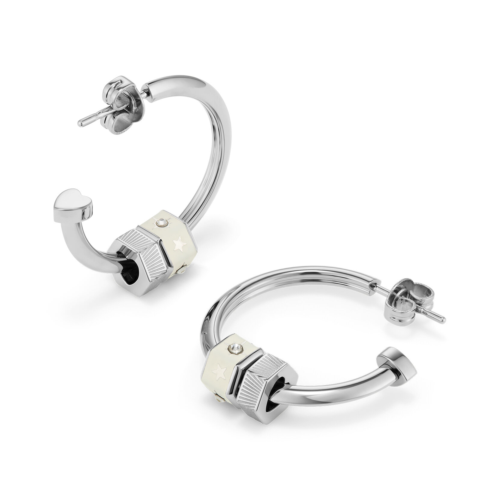 Boucles d'Oreilles Créoles Bead Charm Ivoire et Argent