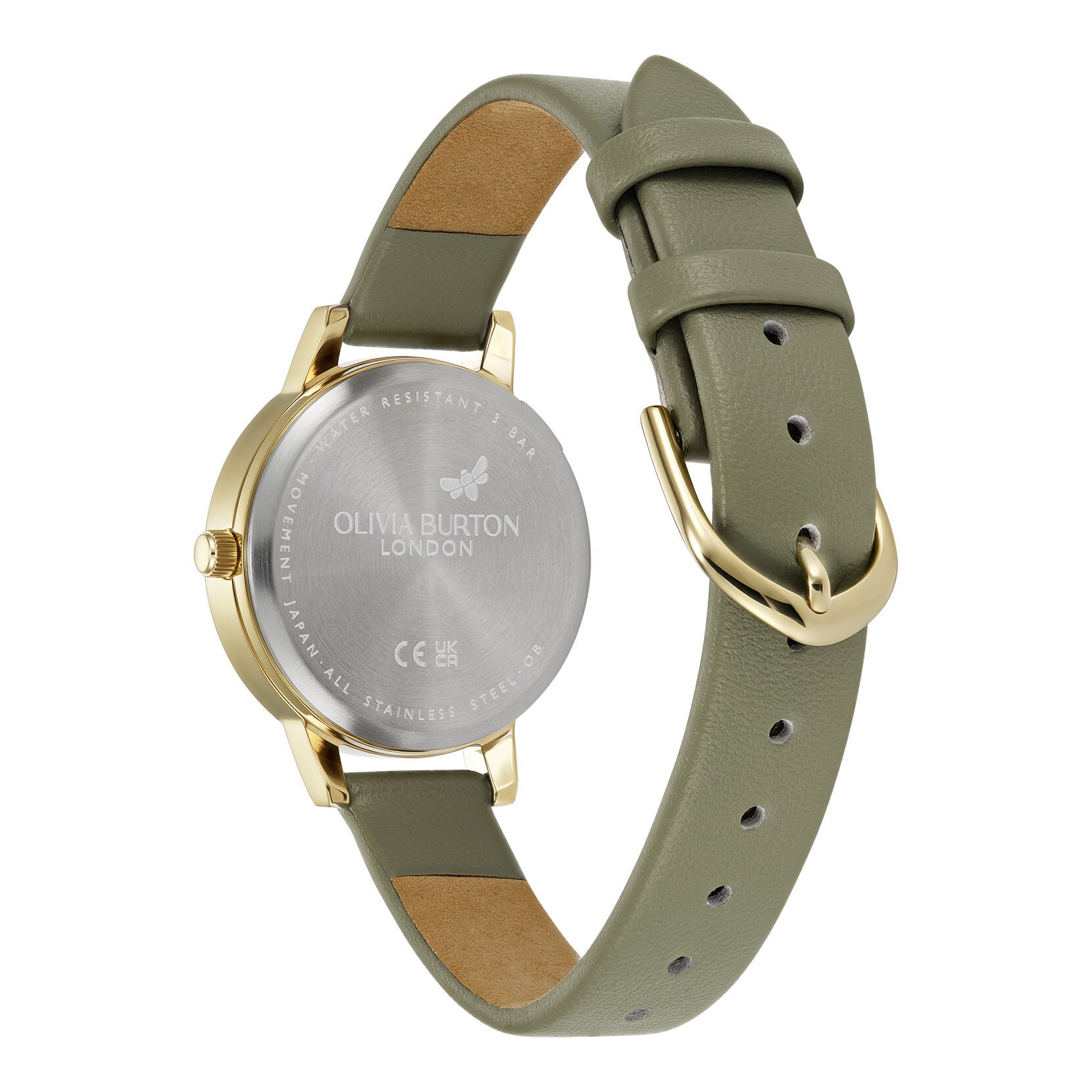 Montre au bracelet en cuir ornée de fleurs 30mm or et vert sauge