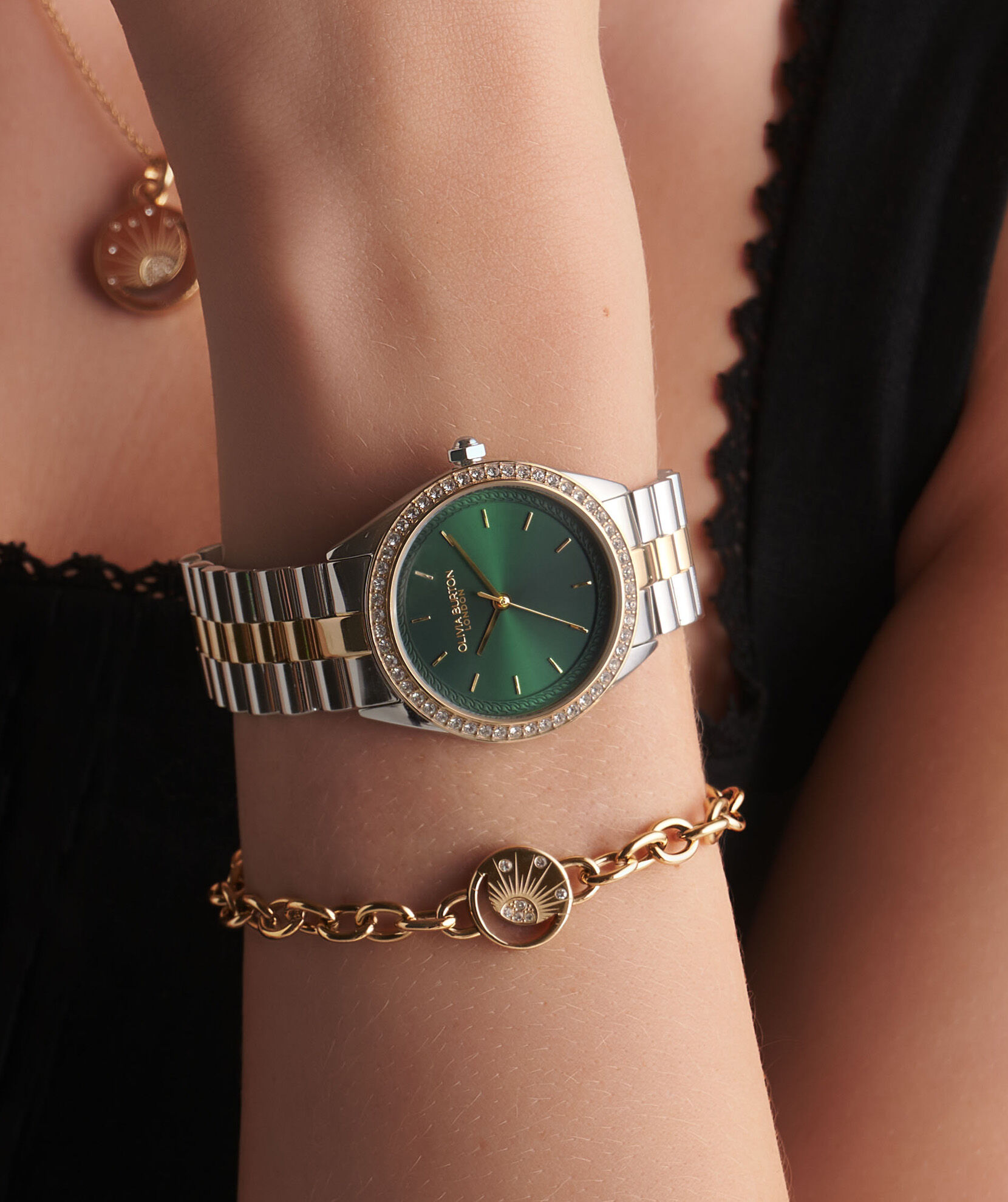 34mm Bejewelled Forest Green Two Tone Bracelet Watch