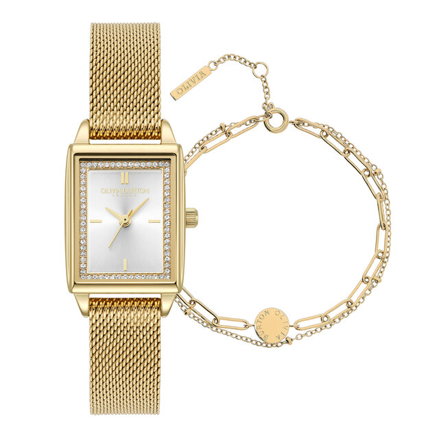 Coffret Cadeau Montre Rectangle Blanc & Maille Or 21mm avec Bracelet Illusion