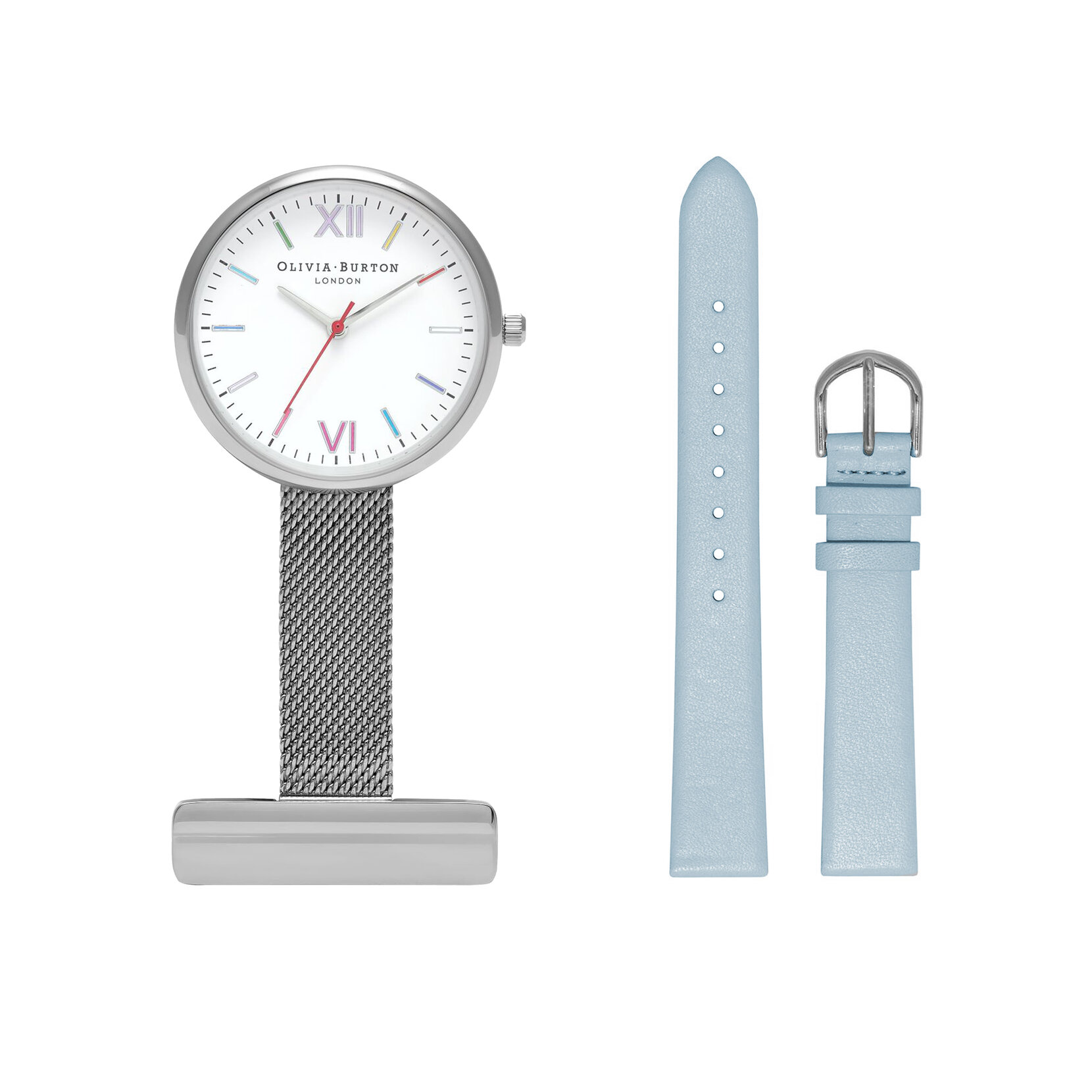 34mm Silver & Blue Leather Strap Watch