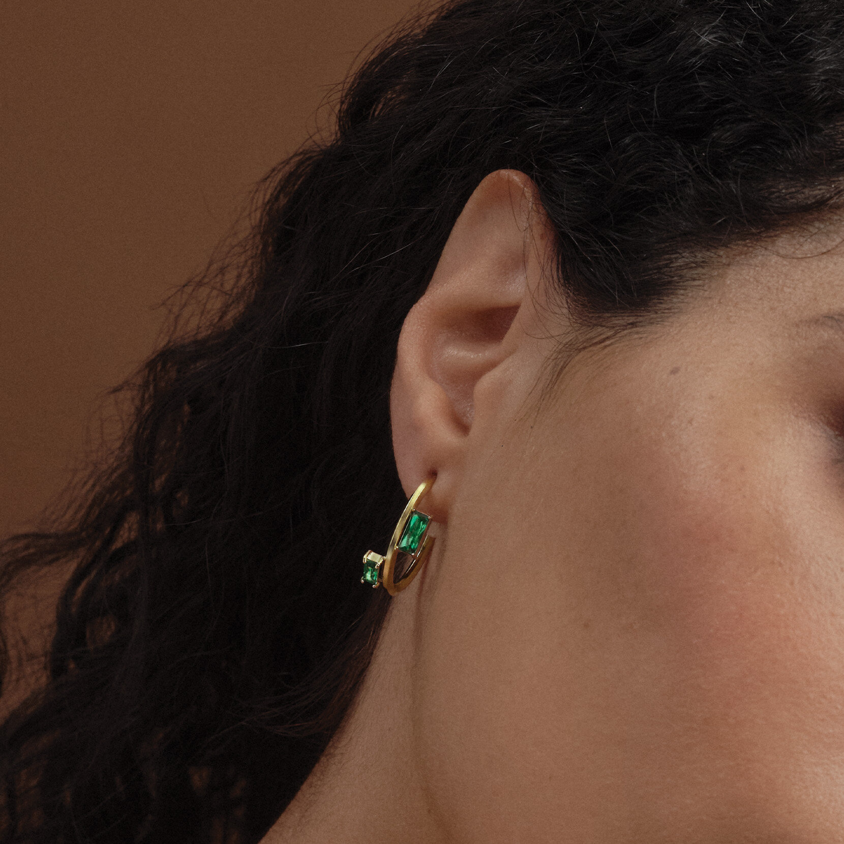 Green Baguette Crystal Gold Plated Hoop Earrings