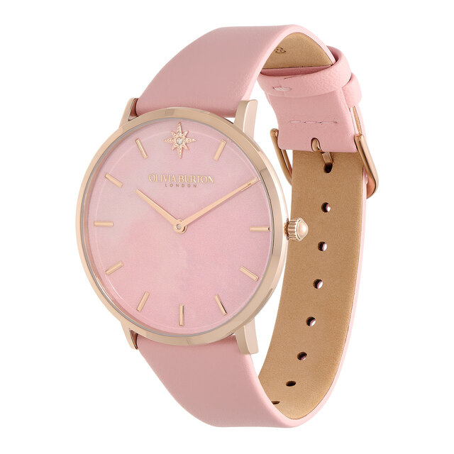 Montre à bracelet en cuir Imitation quartz rose, Or rose et Rose pastel 40 mm