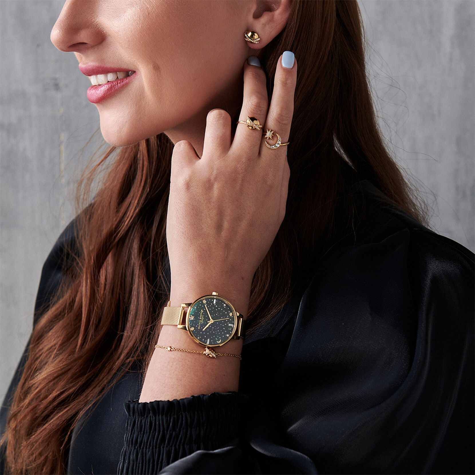 Celestial Galaxy Demi Dial Emerald & Gold Mesh Watch