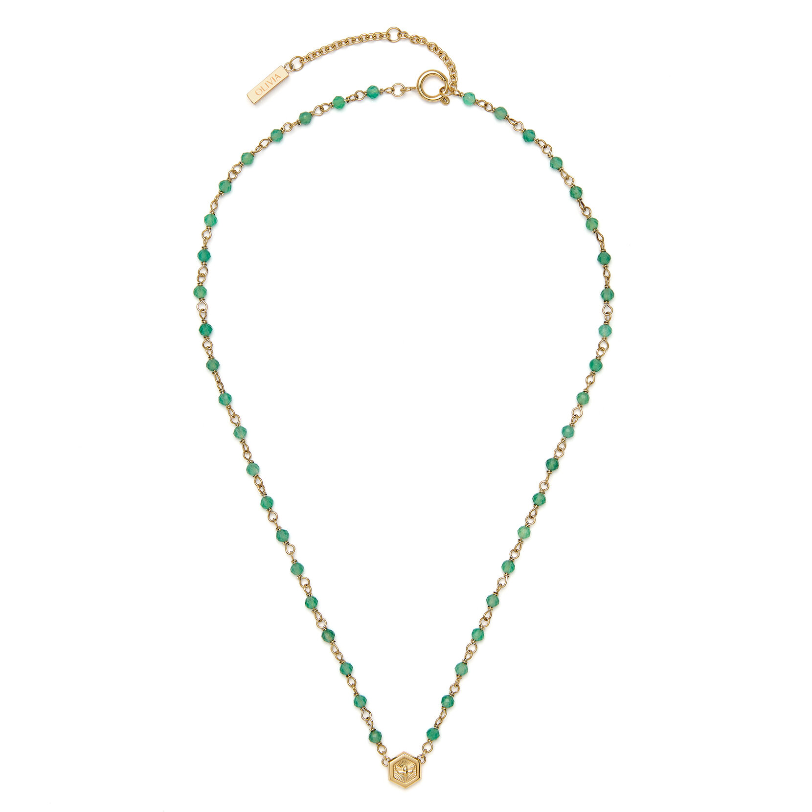 Collier Perlé Vert & Plaqué Or avec Charm Abeille Minima