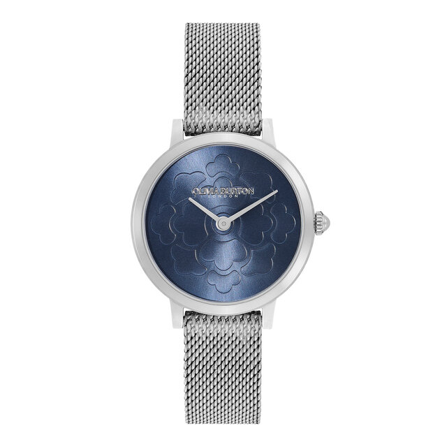 28mm Floral Ultra Slim Blue & Silver Mesh Watch