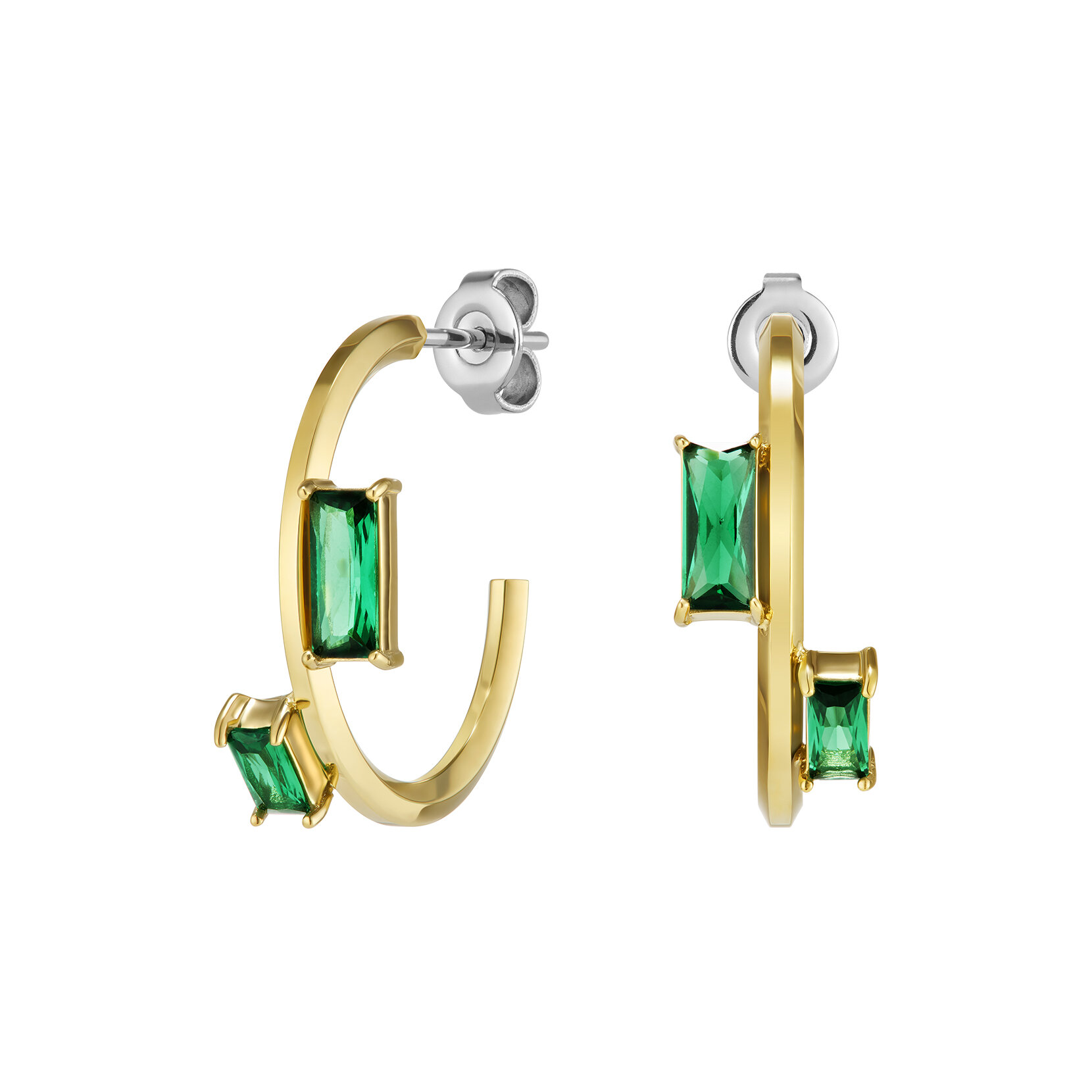 Green Baguette Crystal Gold Plated Hoop Earrings