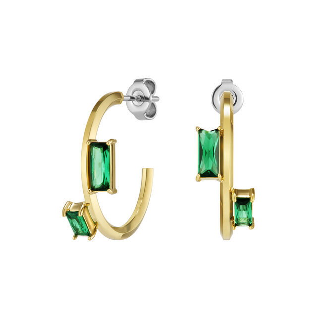 Boucles d’Oreilles Créoles Plaquées Or Baguette Crystal Vert