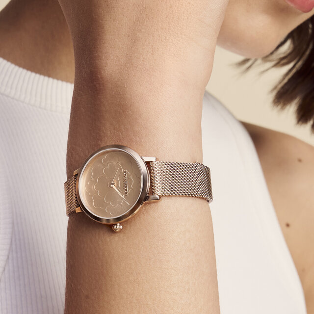 Montre florale ultra fine avec bracelet en maille milanaise Or rose 28 mm
