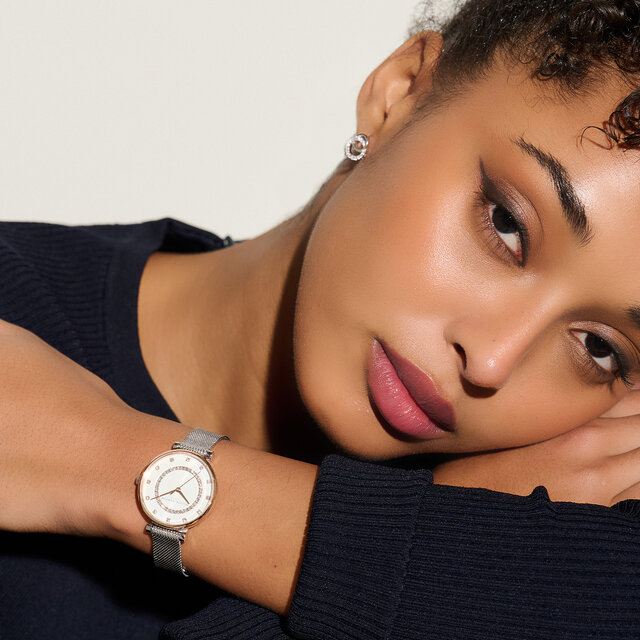 32mm Tbar Two Tone Mesh Watch & Classic Silver Interlink Earrings