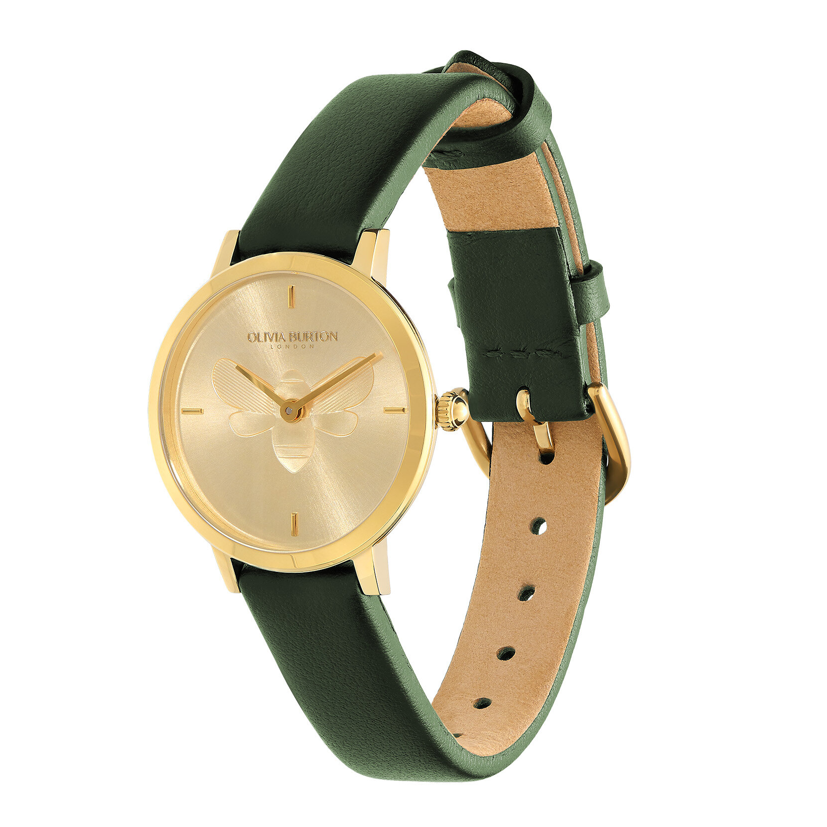 28mm Bee Ultra Slim Gold & Green Leather Strap Watch & Minima Bee Bracelet Gift Set