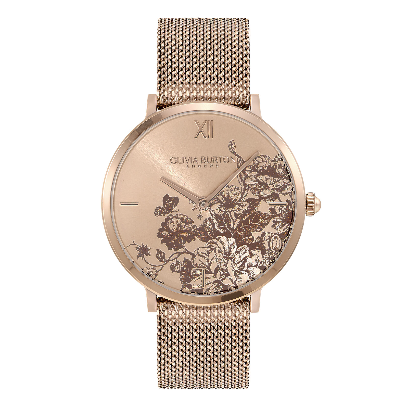 Montre Floral Blooms ultra fine avec bracelet en Rose pastel et Or rose milanais 35 mm