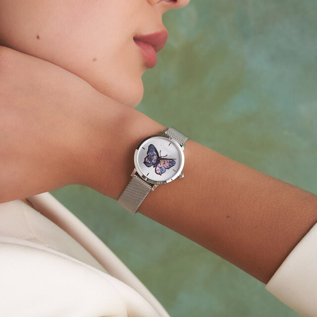 Montre Papillon Ultra Fine avec Bracelet en Maille Argent 28 mm