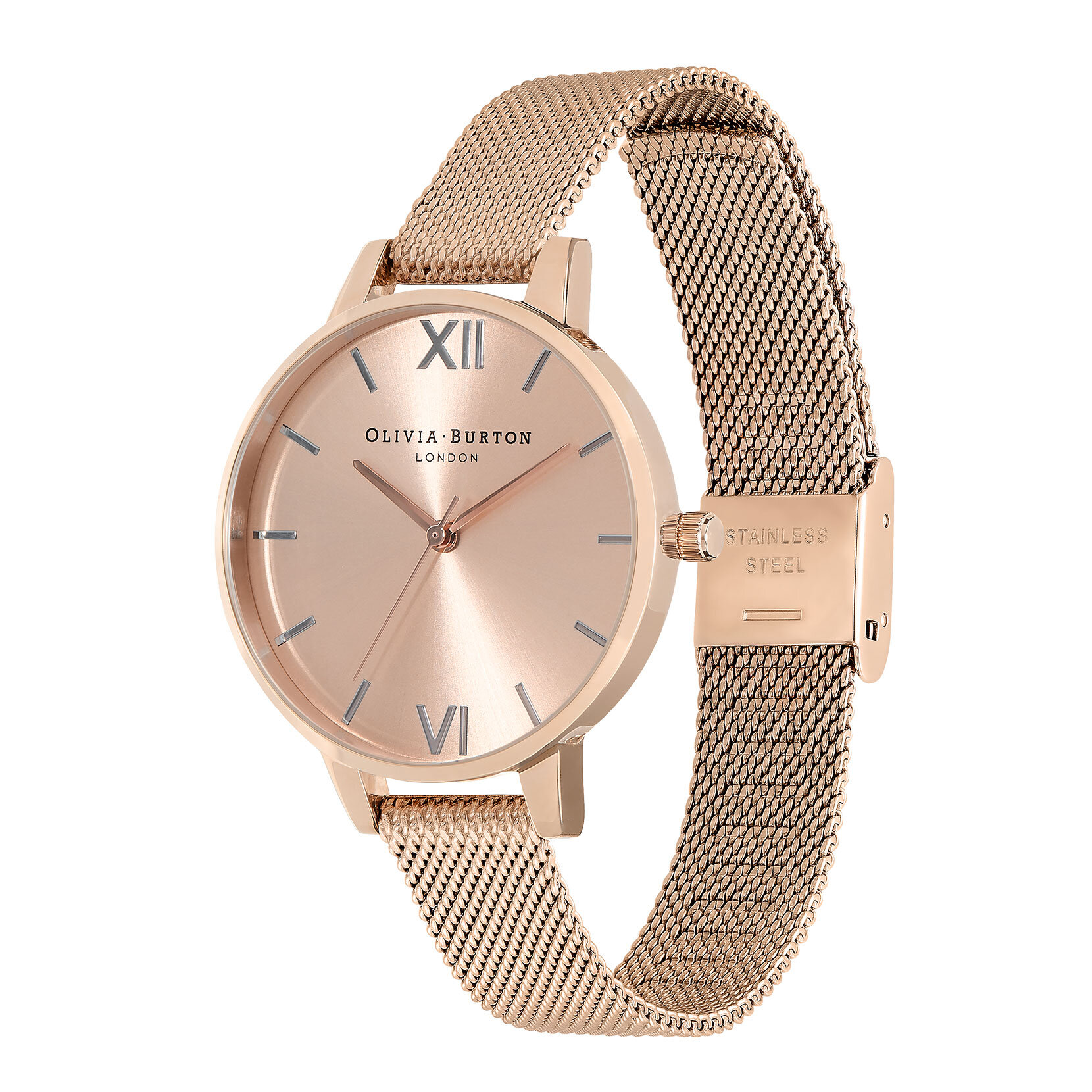Montre en maille en or rose pâle à cadran demi et à boîtier mince