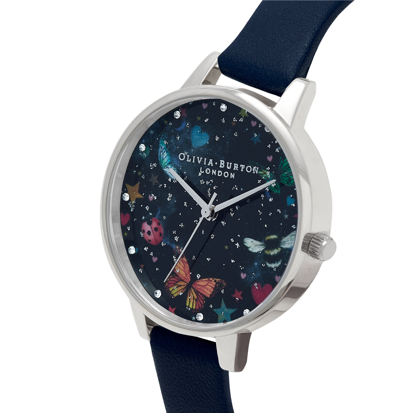 34mm Silver & Blue Leather Strap Watch