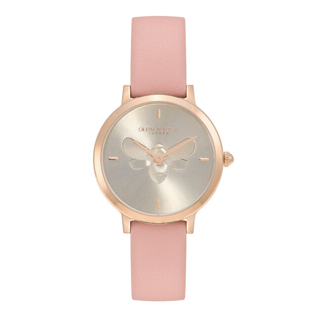 Montre Abeille ultra fine avec bracelet en cuir Or rose et Rose pastel 28 mm