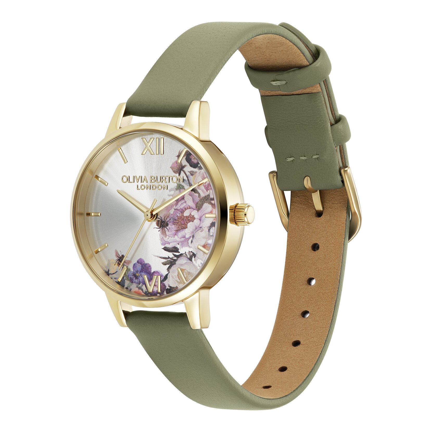 Montre au bracelet en cuir ornée de fleurs 30mm or et vert sauge
