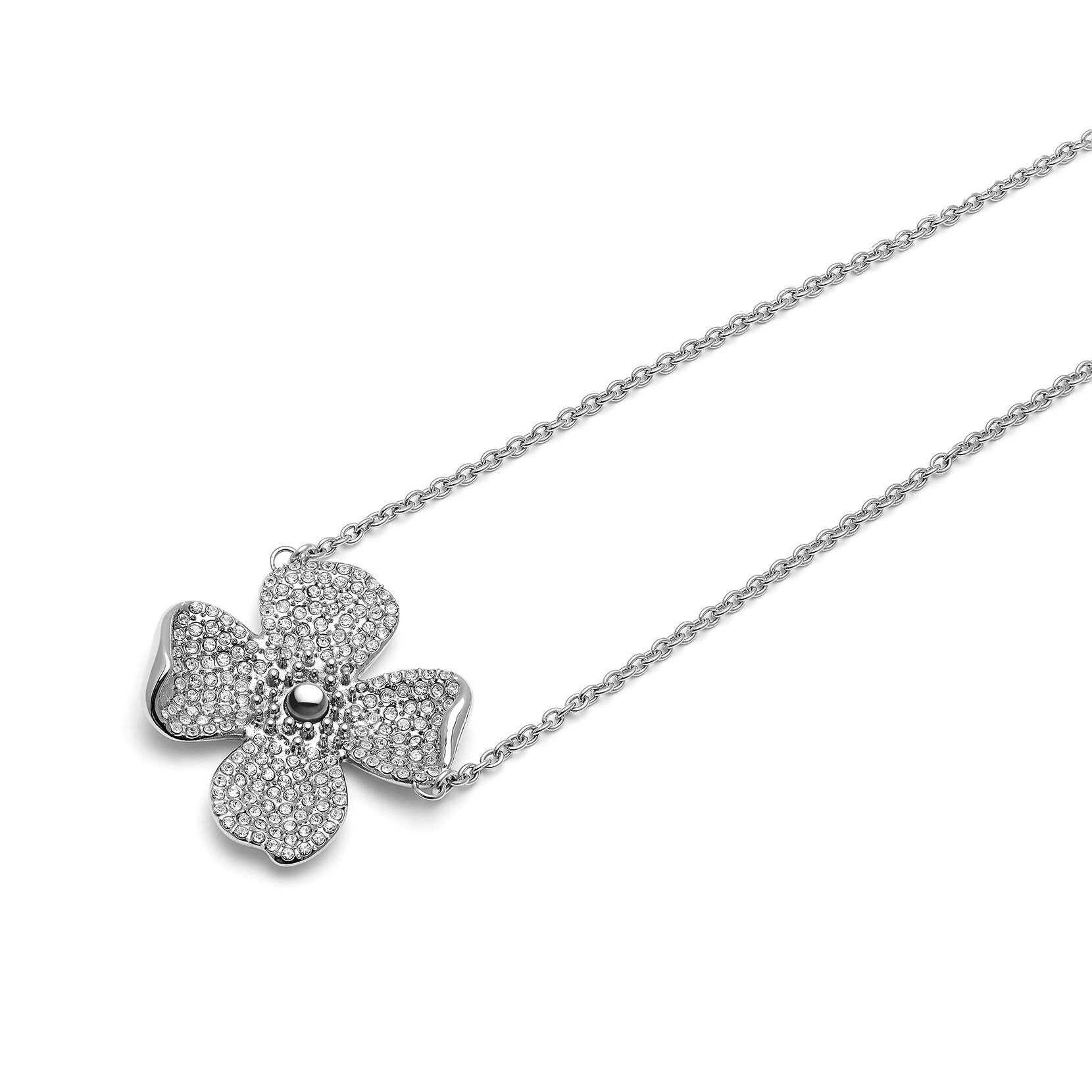 Dogwood Flower Paved Silver Pendant Necklace