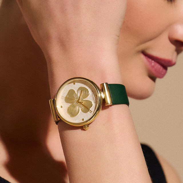 Montre Fleur de cornouiller avec fermoir en T et bracelet en cuir Or et Vert 36 mm