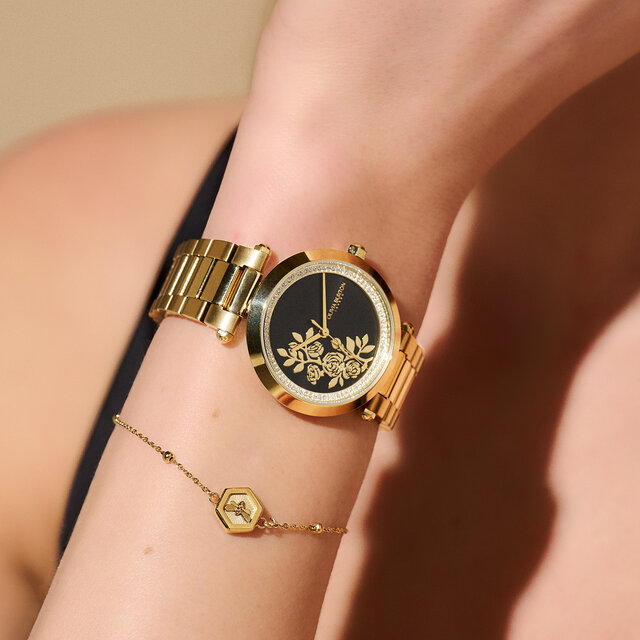 34mm Floral T-Bar Black & Gold Bracelet Watch