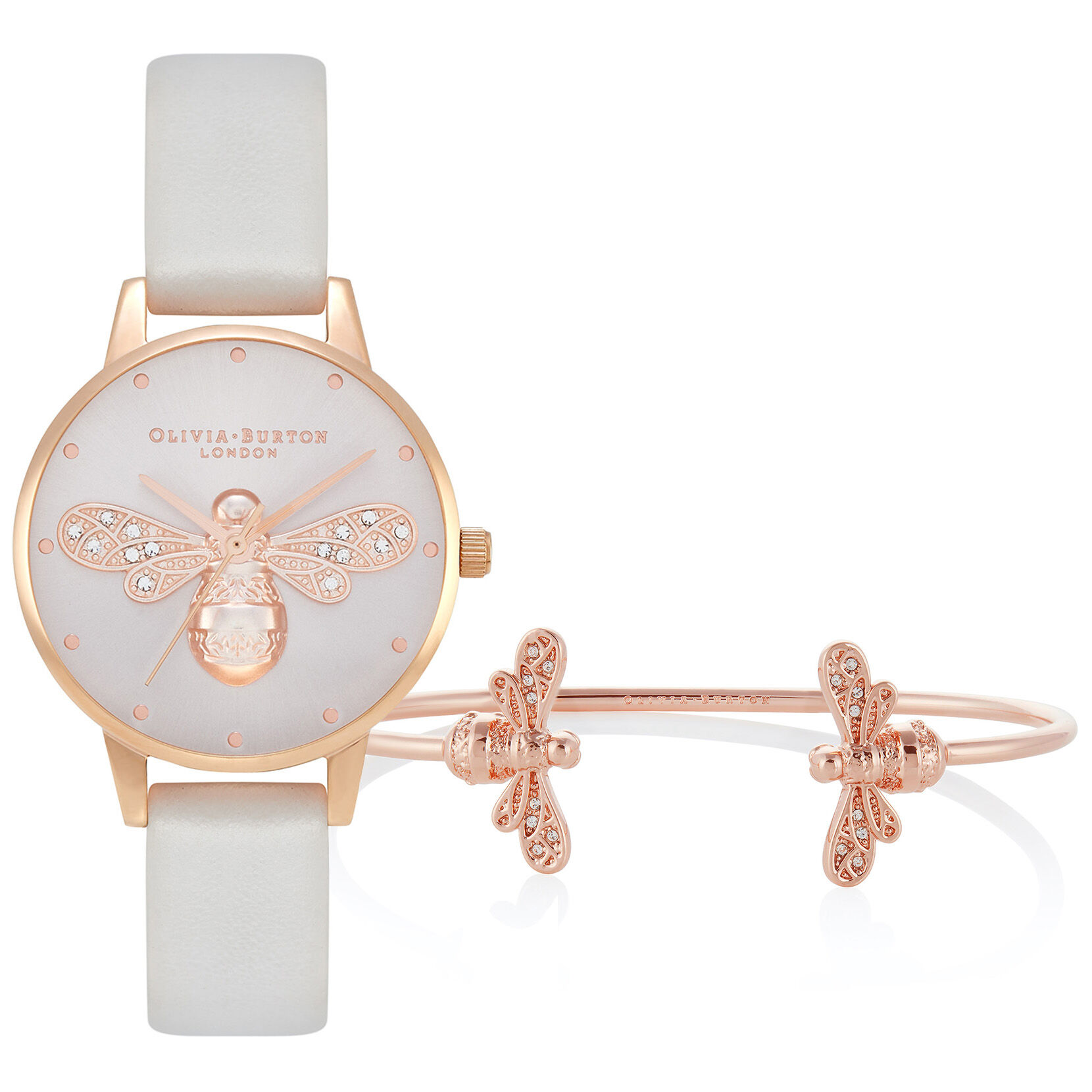 Sparkle Bee 30mm Rose Gold & Grey Leather Strap Watch & Rose Gold Bangle Gift Set