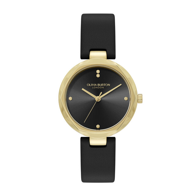 Montre Dimension avec Fermoir en T Doré & Bracelet Cuir Noir 32mm