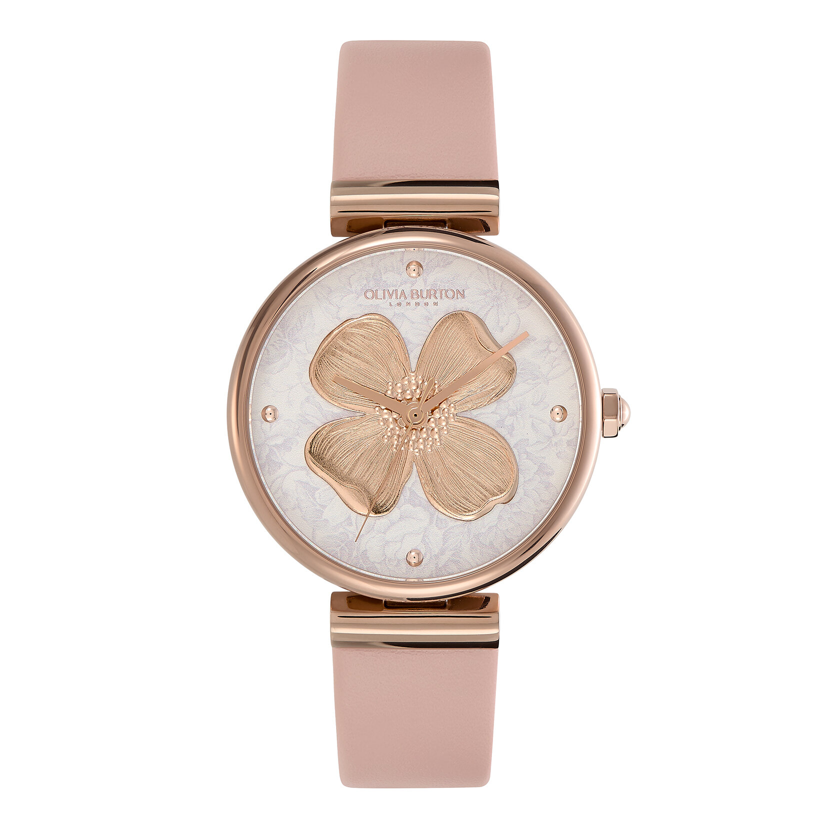 Montre Fleur de cornouiller avec fermoir en T et bracelet en cuir Or rose et Rose pastel 36 mm