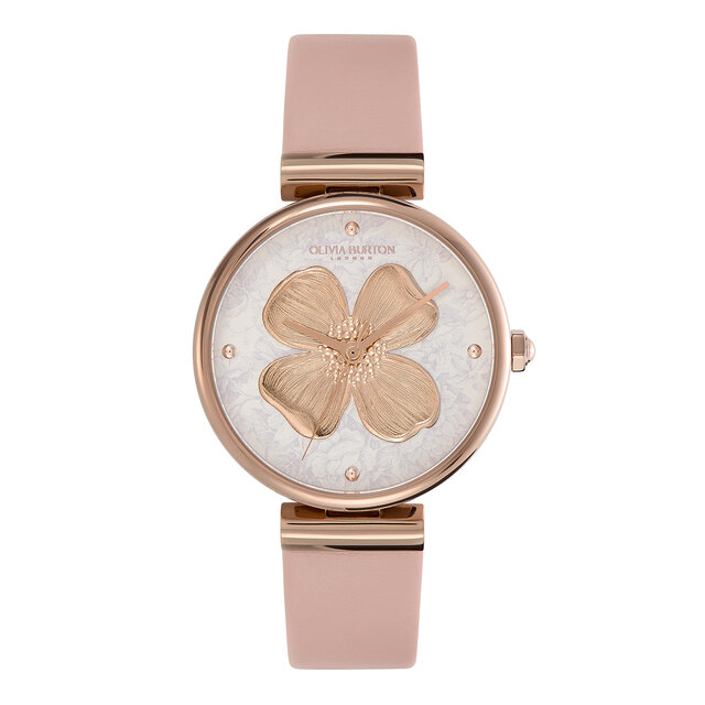 Montre Fleur de cornouiller avec fermoir en T et bracelet en cuir Or rose et Rose pastel 36 mm