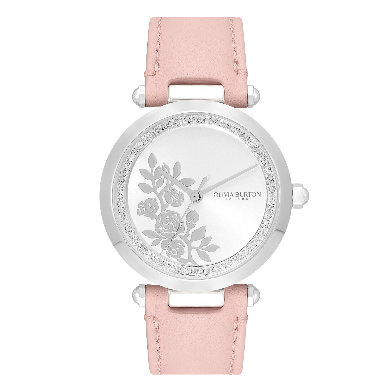 34mm Floral T Bar Silver Rose Leather Strap Watch