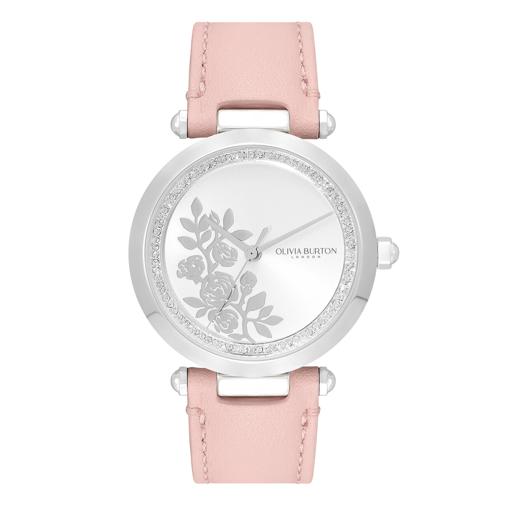 34mm Floral T-Bar Silver & Rose Leather Strap Watch