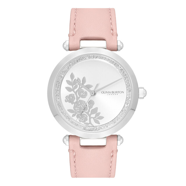 34mm Floral T-Bar Silver & Rose Leather Strap Watch