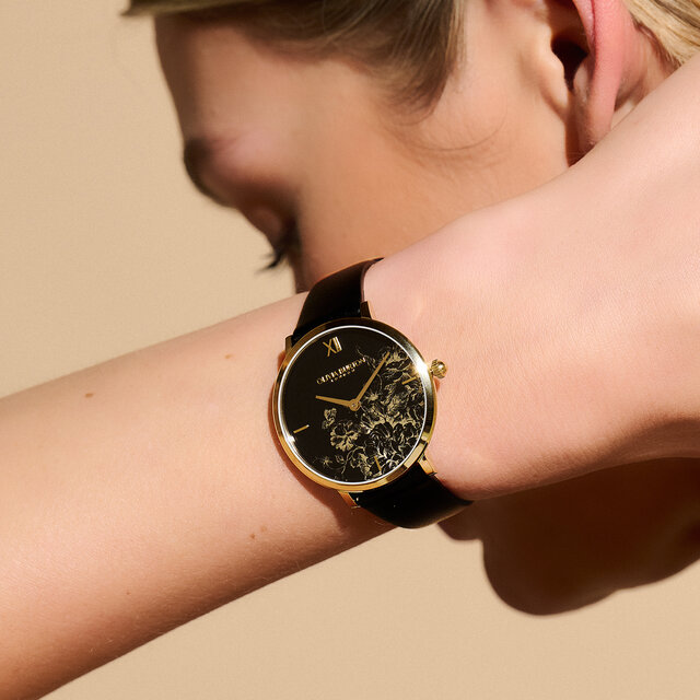 Montre Floral Blooms ultra fine avec bracelet en cuir Or et Noir 35 mm