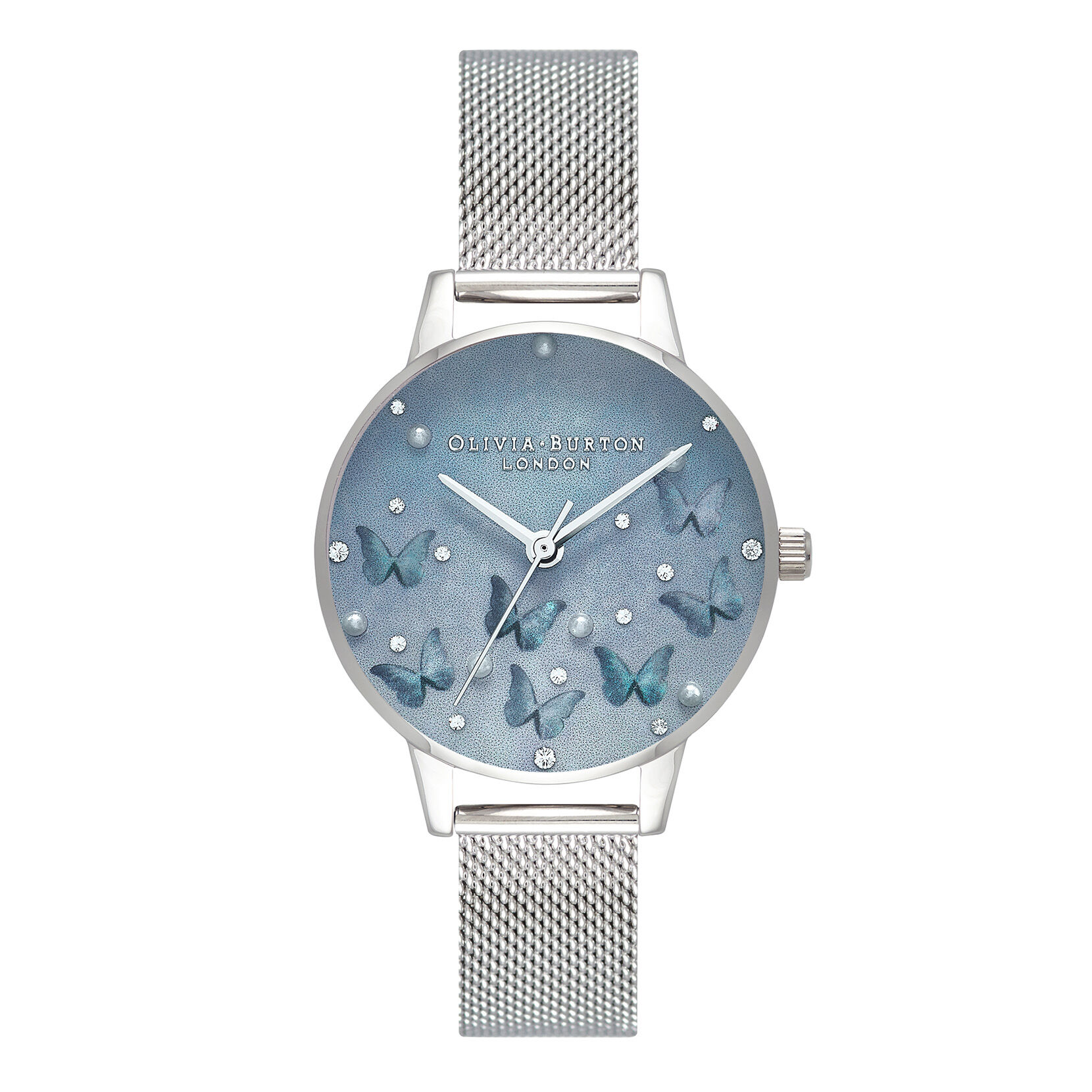 Montre Butterflies & Faux Pearl nacre bleu pâle à cadran Midi et bracelet milanais argent