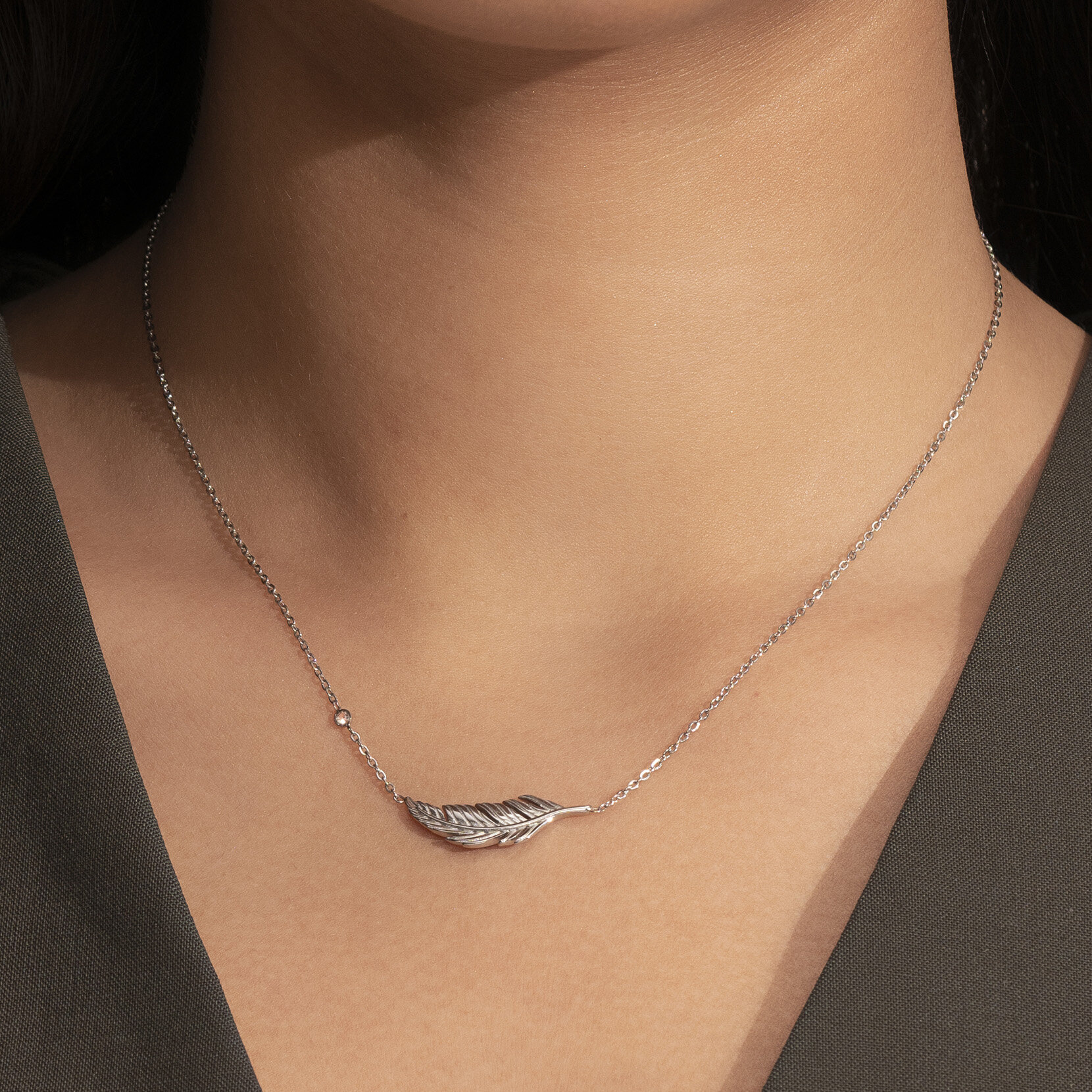 Feather Silver Tone Necklace