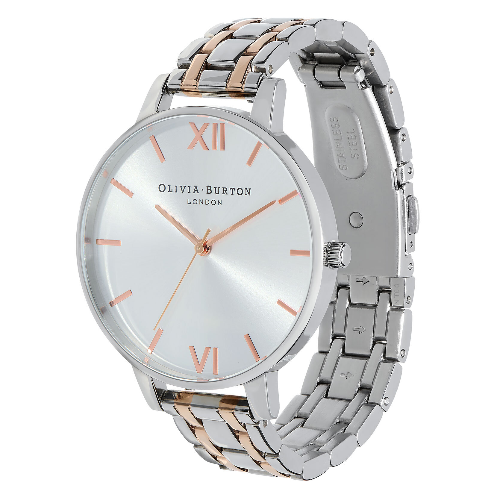Montre-bracelet en argent et en or rose pâle à gros cadran et à boîtier mince