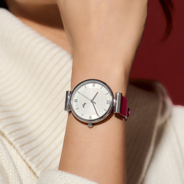 36mm Minima Bee T-Bar Silver & Cranberry Leather Strap Watch