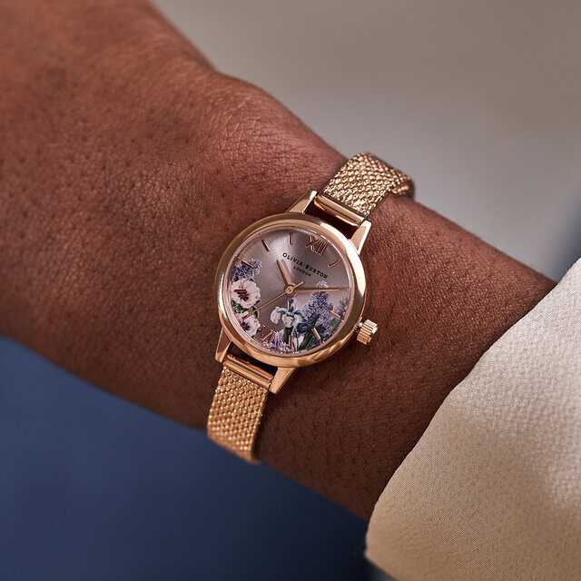 Montre Secret Garden à cadran Mini et bracelet milanais parme et or rose