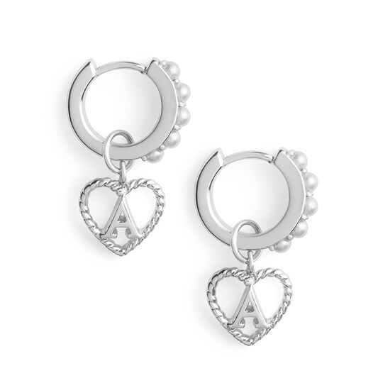 Faux Pearl Heart Initial Huggie Hoop Silver