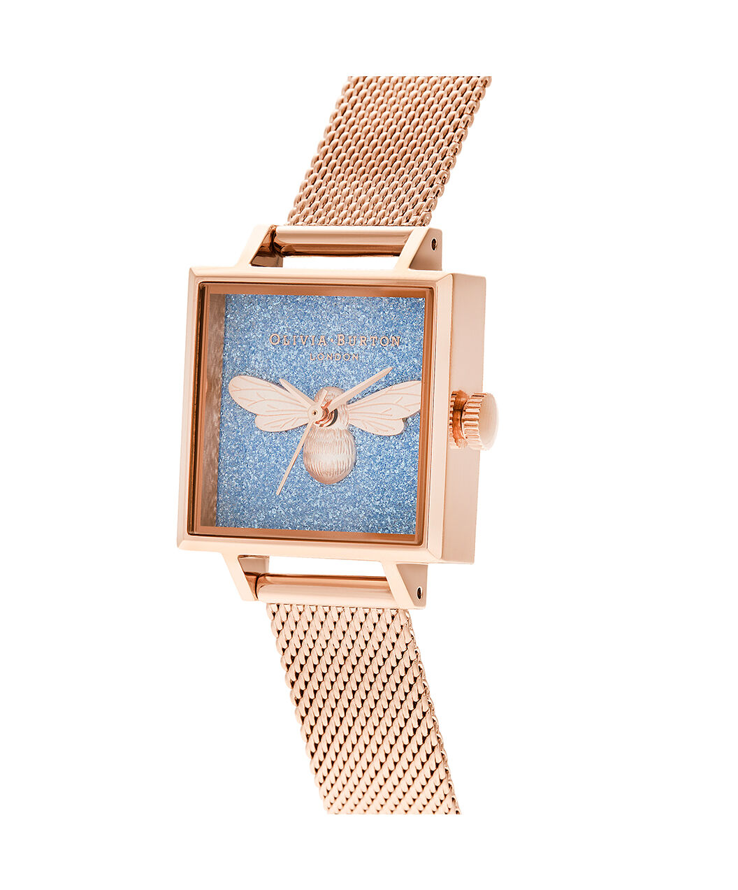 Charme abeille au motif pailleté turquoise carré Midi Cadran or rose  mailles | Olivia Burton London