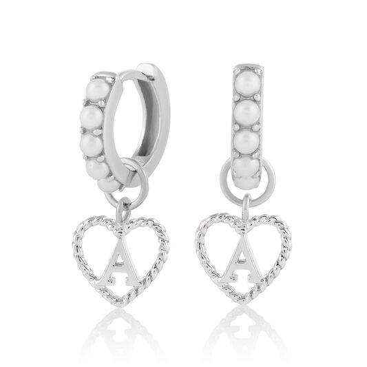 Faux Pearl Heart Initial Huggie Hoop Silver