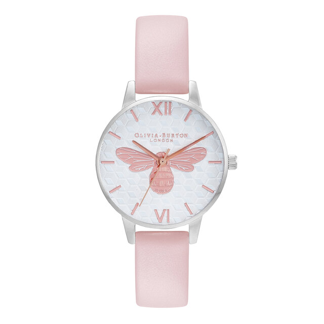 30mm Silver & Pink Leather Strap Watch