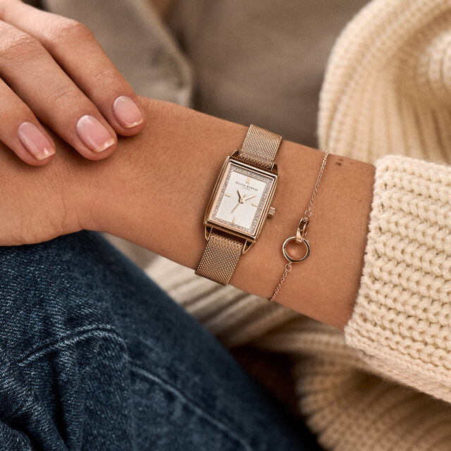 Montre Townhouse rectangulaire blanc à bracelet milanais or blanc 21 mm
